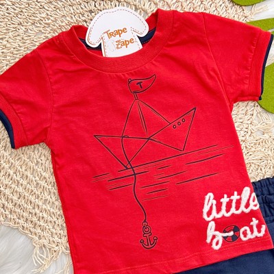 Conj. Camiseta Little Boat e Bermuda - Vermelho e Marinho